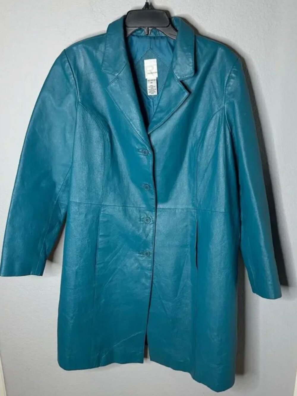 Vintage Roaman’s Teal Genuine Leather Trench Coat Long Button Jacket 90s Style
